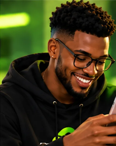 Un créateur sourit en consultant son téléphone