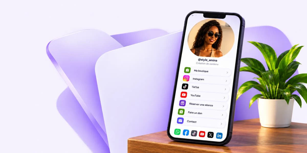 Un téléphone posé sur un bureau affiche une page Bio-Lien